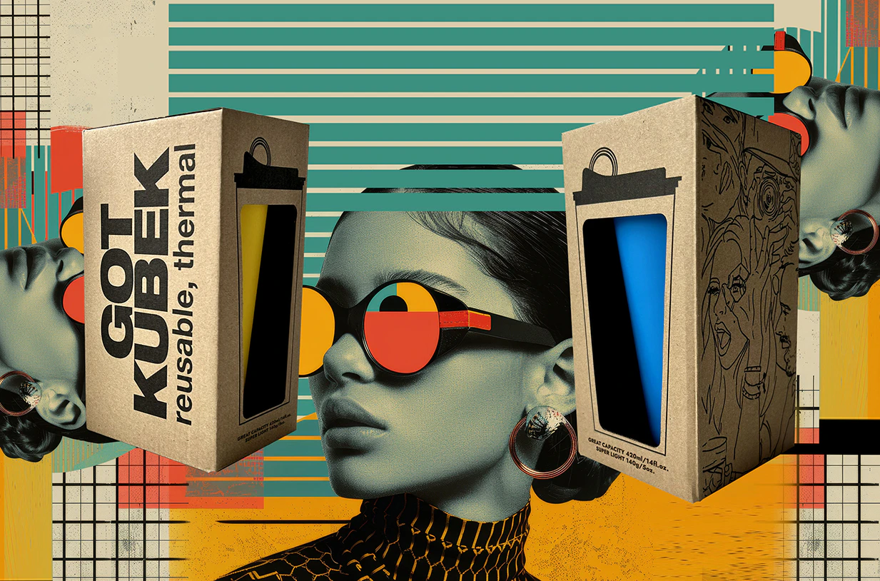 Retro futuristic poster with 80s and 90s high fashion aesthetic.