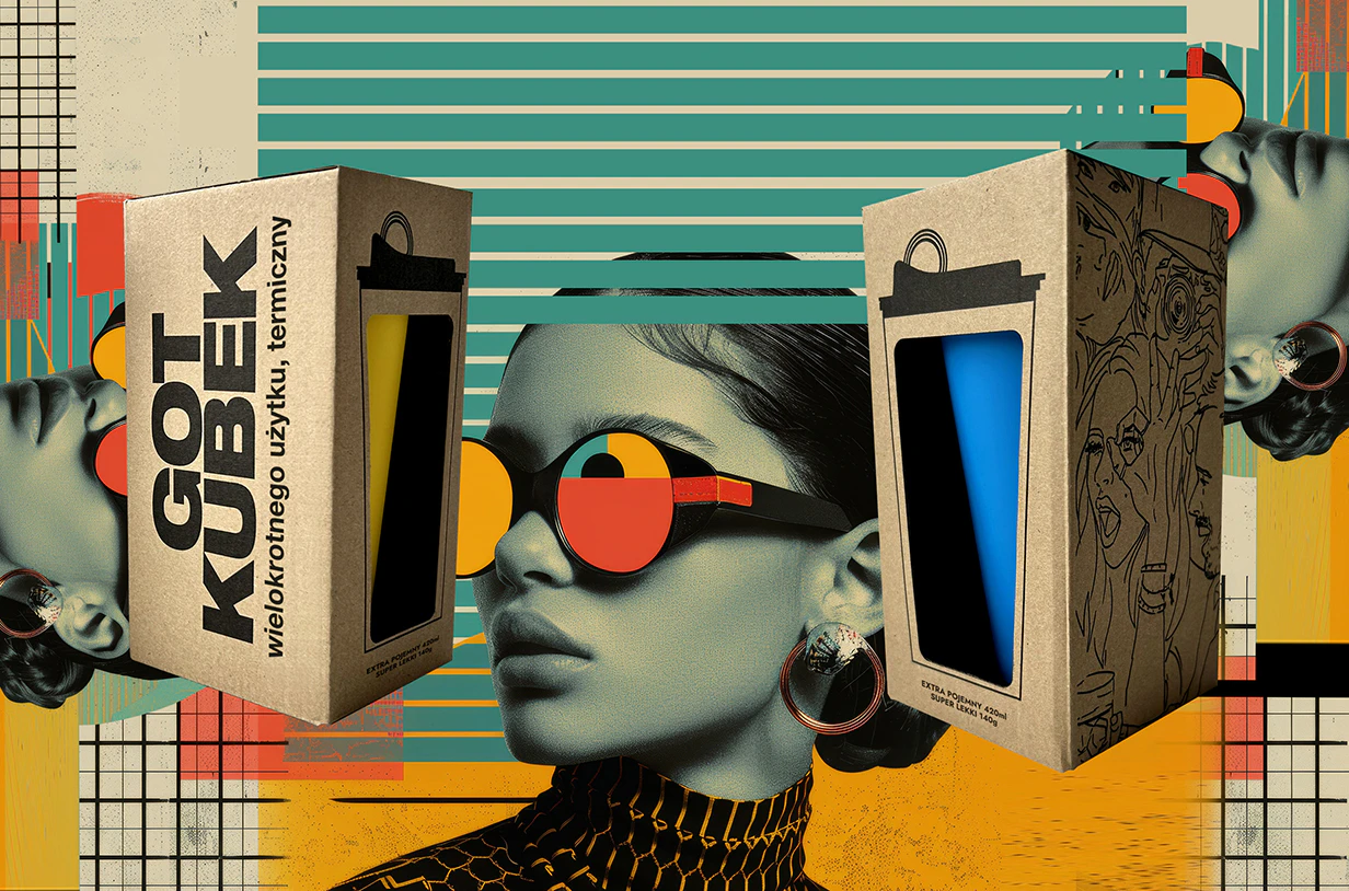 Retro futuristic poster with 80s and 90s high fashion aesthetic.